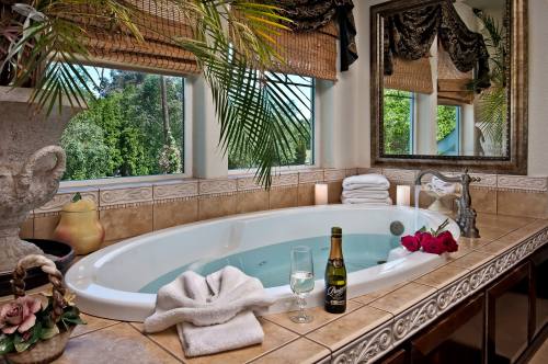 A luxurious bathroom with a large tub, wine, towels, and decorative plants, creating a relaxing atmosphere.