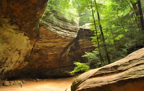 A person stands in a lush green canyon surrounded by towering rock formations and trees.