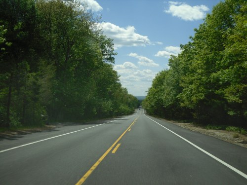 A scenic view of a straight road lined with lush green trees under a partly cloudy sky.