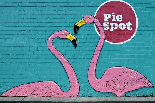 Colorful mural featuring two pink flamingos and the text "Pie Spot" on a turquoise background.