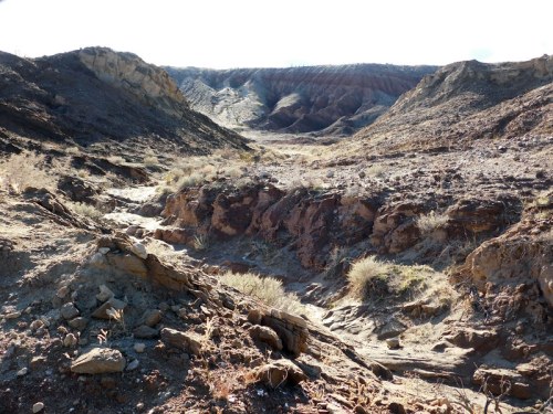 A rugged, arid landscape with rocky terrain and sparse vegetation, leading into a deep valley under a bright sky.