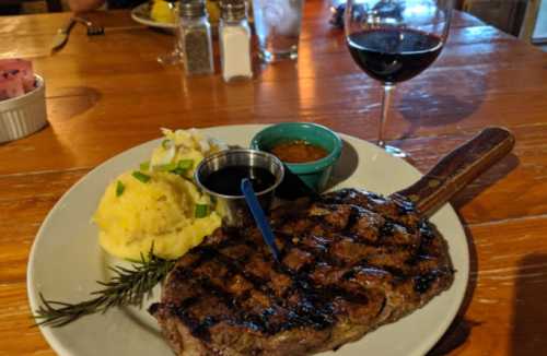 A grilled steak on a plate with mashed potatoes, sauce, and a glass of red wine in the background.