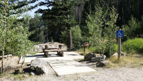 A picnic area with a wooden table, surrounded by trees and a sign indicating accessibility.