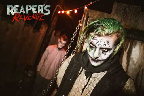 Two figures in a dark, eerie setting; one with green hair and face paint, the other in the background, looking ghostly.