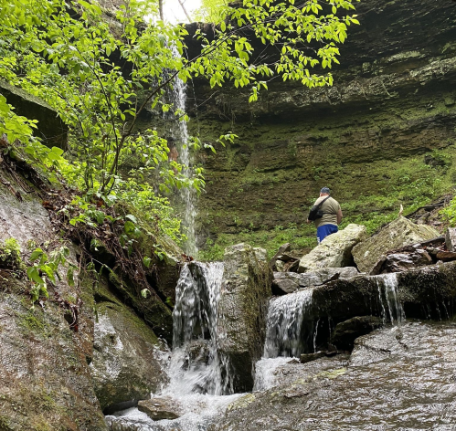 A person stands near a waterfall in a lush, green canyon surrounded by rocks and foliage.