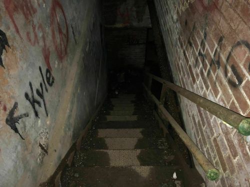 Dimly lit staircase with graffiti on the walls, leading down into a dark, shadowy area.