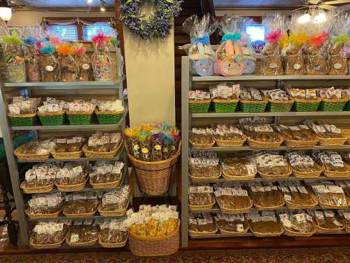 Shelves filled with colorful gift baskets and treats, decorated for a festive occasion.