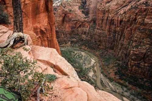 Aerial view of a winding river through red rock canyons, with greenery visible in the valley below.