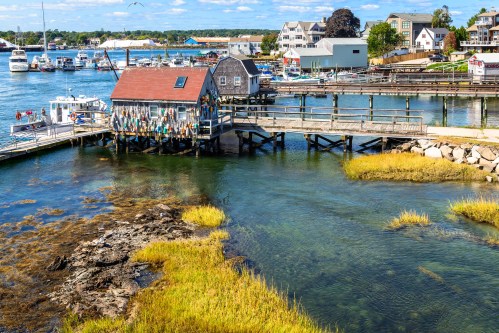 A scenic waterfront view featuring a colorful building on a pier, boats, and grassy marshland under a clear blue sky.