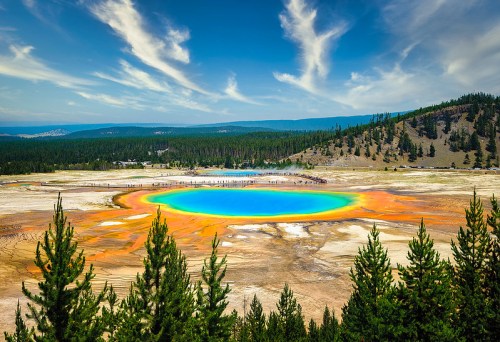 Vibrant blue and orange hot spring surrounded by trees and mountains under a bright blue sky at Yellowstone National Park.