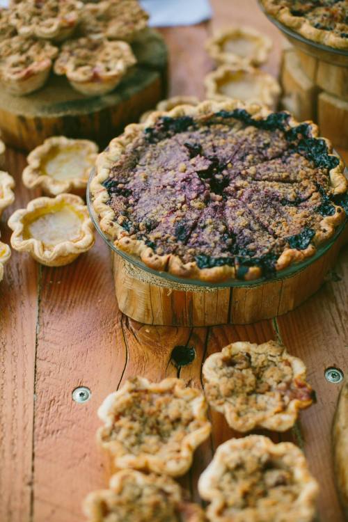 A rustic display of blueberry pies and mini tartlets on a wooden table, showcasing golden crusts and rich fillings.