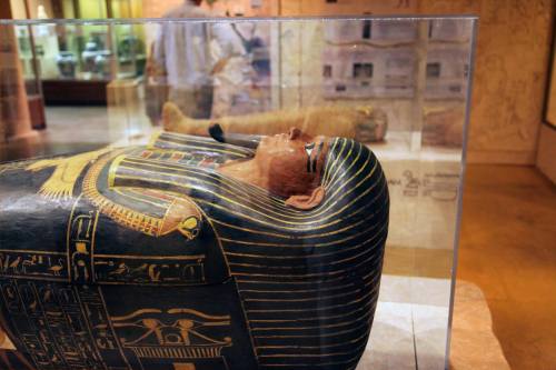 A close-up of an ancient Egyptian sarcophagus displayed in a museum, featuring intricate gold and black designs.