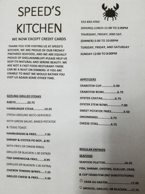 Menu for Speed's Kitchen featuring seafood and grilled steaks, with prices and hours of operation listed.