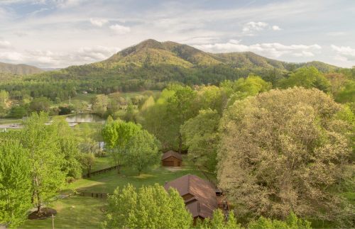 A scenic view of lush green trees and mountains under a cloudy sky, with a tranquil lake in the background.