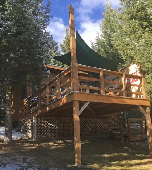 A wooden cabin elevated on stilts, surrounded by tall trees and a green canopy, with a clear blue sky above.