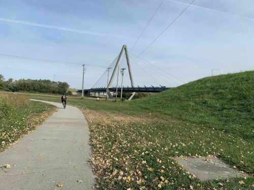 A person walks along a path near a grassy hill and a modern cable-stayed bridge under a clear sky.