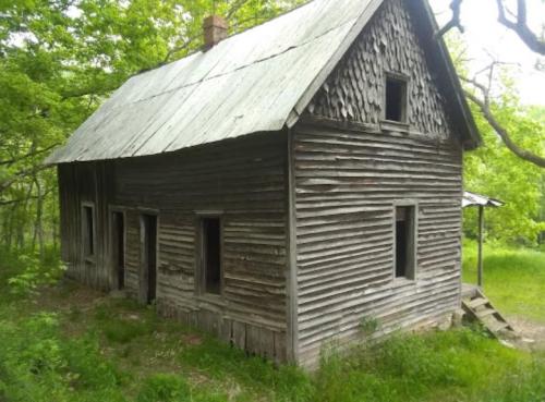 Abandoned wooden house with a slanted roof, surrounded by greenery and trees.