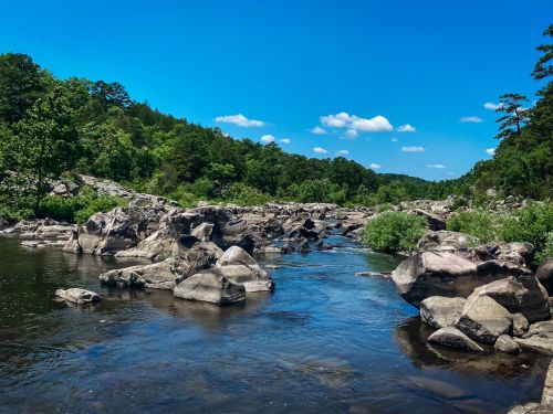 A serene river flows through rocky terrain, surrounded by lush greenery and a clear blue sky with scattered clouds.