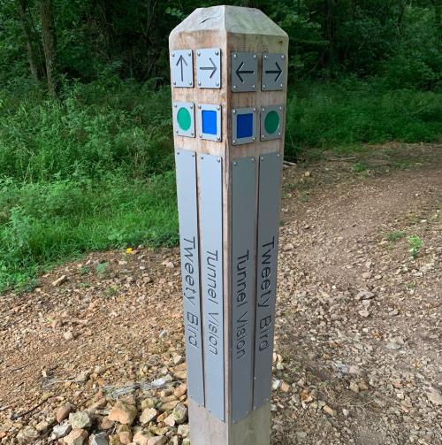 Trail marker post with directional arrows and labels for "Tweety Bird" and "Tunnel Vision" paths in a wooded area.