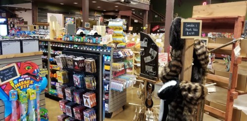 A colorful store interior filled with various merchandise, including toys, snacks, and novelty items on display.