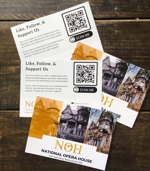 Three postcards promoting the National Opera House with QR code, social media info, and a call to support.