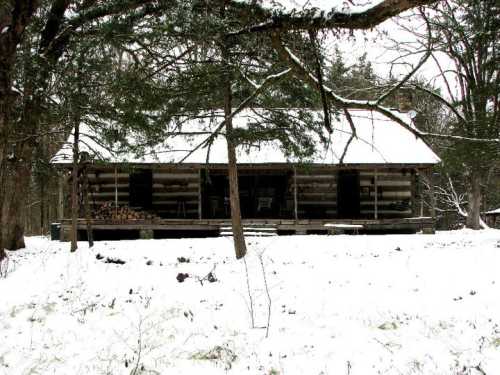 A rustic log cabin surrounded by snow-covered trees and a snowy ground, creating a serene winter scene.