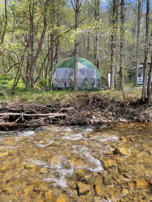A geodesic dome nestled among trees by a flowing stream in a serene forest setting.