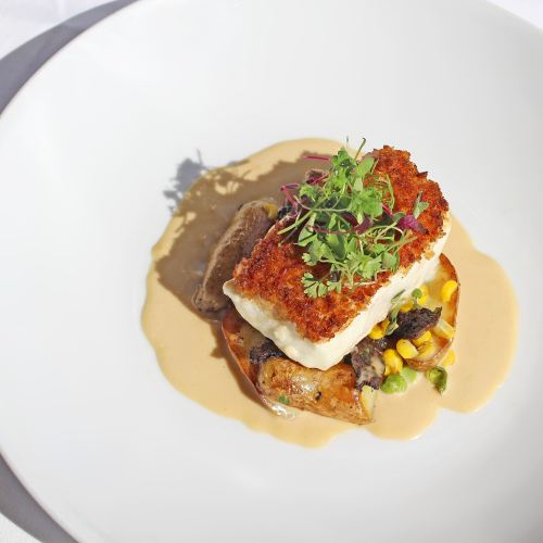 A beautifully plated dish featuring a crispy fish fillet atop vegetables and a creamy sauce, garnished with fresh herbs.