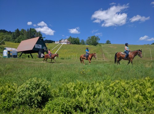 Three riders on horseback traverse a green field under a blue sky with fluffy clouds, near a rustic building.