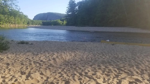 A sandy riverbank with calm water, surrounded by trees and a distant mountain under a clear sky.