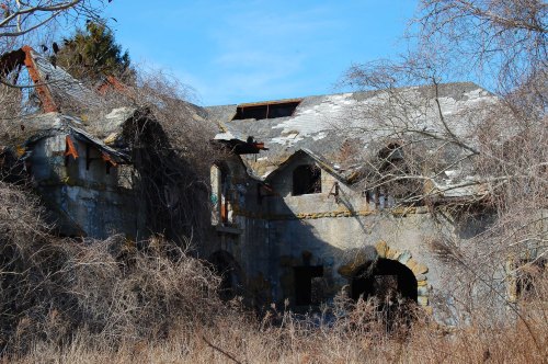 An abandoned, overgrown house with a crumbling roof and vines covering its stone walls under a clear blue sky.