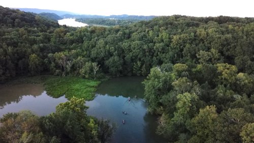 Aerial view of a lush green landscape with a river and kayakers paddling through calm waters.