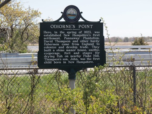 Historical marker for Odiorne's Point, detailing New Hampshire's first settlement and early fishing activities.