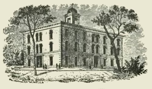 Black and white illustration of a historic building with multiple windows and a tower, surrounded by trees.