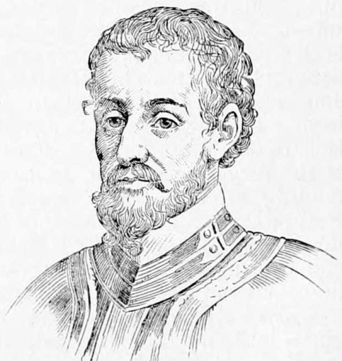 Portrait of a historical figure with curly hair and a beard, wearing ornate clothing and a decorative collar.