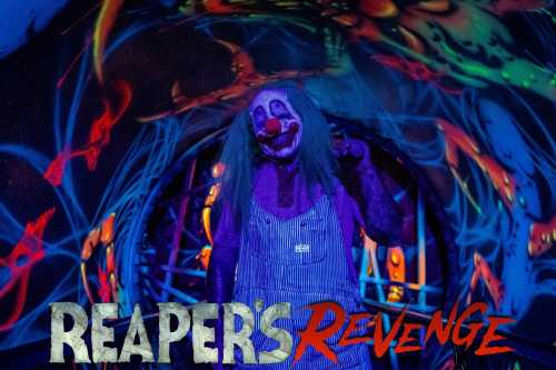 A creepy clown in a dark, colorful tunnel, with eerie designs and the text "Reaper's Revenge" at the bottom.