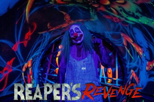 A creepy clown in a dark, colorful tunnel, with eerie designs and the text "Reaper's Revenge" at the bottom.
