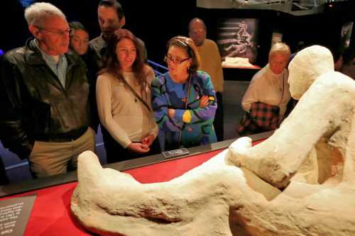 A group of people observes a sculpture in a museum, engaged in discussion about the artwork.