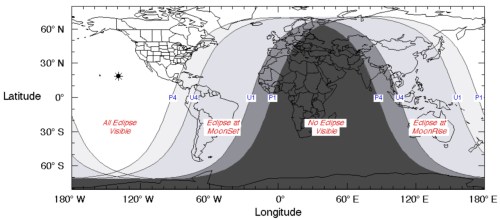 Map showing eclipse visibility across the world, with regions marked for total, partial, and no visibility.