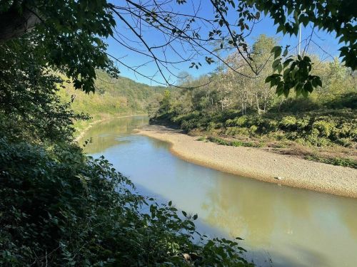 A serene river winding through lush greenery under a clear blue sky.