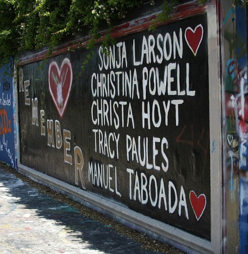 A mural featuring the names Sonja Larson, Christina Powell, Christa Hoyt, Tracy Paules, and Manuel Tabaoda on a wall.