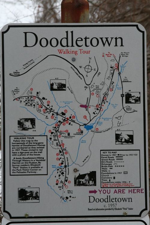 Map of Doodletown walking tour, featuring historical sites and points of interest, with a "You Are Here" marker.
