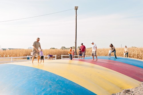 A colorful inflatable bounce pad with children and adults playing, surrounded by a cornfield under a clear sky.