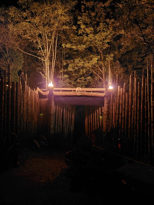 A dark, wooded entrance with a wooden fence, torches, and a skull decoration, creating a spooky atmosphere.