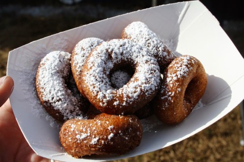A hand holding a tray of freshly made donuts dusted with powdered sugar.