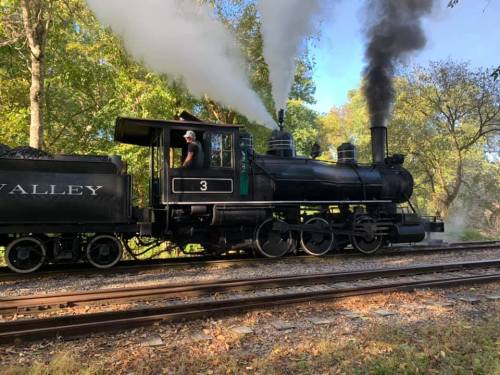 A vintage steam locomotive chugs along a track, releasing smoke, surrounded by lush greenery.