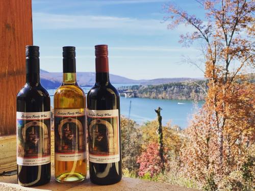 Three bottles of wine with scenic lake and autumn foliage in the background.