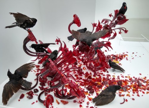 A striking art installation featuring black birds amidst vibrant red organic forms and scattered red fragments.