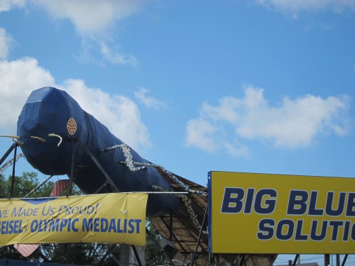 A large blue sculpture resembling a fish, with a banner reading "BIG BLUE SOLUTIONS" beneath it against a blue sky.