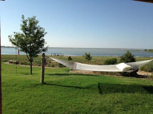 A hammock hangs between trees, overlooking a calm lake and grassy shore under a clear blue sky.